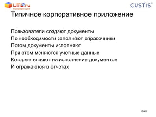 Типичное корпоративное приложение Пользователи создают документы По необходимости заполняют справочники Потом документы исполняют При этом меняются учетные данные Которые влияют на исполнение документов И отражаются в отчетах / 40 