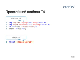 Простейший шаблон T4
Шаблон T4
Результат
19/30
 