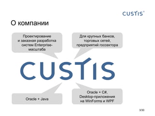 О компании
Проектирование
и заказная разработка
систем Enterprise-
масштаба
Для крупных банков,
торговых сетей,
предприятий госсектора
Oracle + Java
Oracle + C#,
Desktop-приложения
на WinForms и WPF
3/30
 