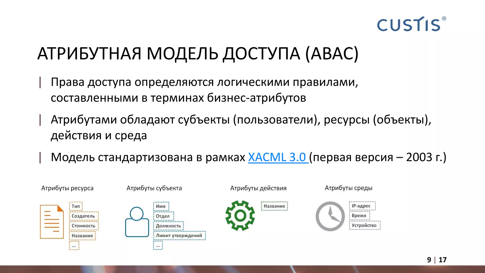АТРИБУТНАЯ МОДЕЛЬ ДОСТУПА (ABAC)
| Права доступа определяются логическими правилами,
составленными в терминах бизнес-атрибутов
| Атрибутами обладают субъекты (пользователи), ресурсы (объекты),
действия и среда
| Модель стандартизована в рамках XACML 3.0 (первая версия – 2003 г.)
9 | 17
 