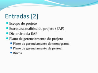 Entradas [2]
Escopo do projeto
Estrutura analítica do projeto (EAP)
Dicionário da EAP
Plano de gerenciamento do projeto
Plano de gerenciamento do cronograma
Plano de gerenciamento de pessoal
Riscos
 