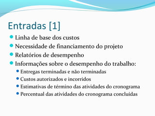 Entradas [1]
Linha de base dos custos
Necessidade de financiamento do projeto
Relatórios de desempenho
Informações sobre o desempenho do trabalho:
Entregas terminadas e não terminadas
Custos autorizados e incorridos
Estimativas de término das atividades do cronograma
Percentual das atividades do cronograma concluídas
 
