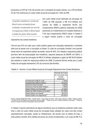 possuísse um CPI de 7,45. De acordo com o resultado da seção anterior, se o CPI do Brasil
for de 7,45, estima-se um custo médio anual da corrupção de 1,38% do PIB.


                                                      Um custo médio anual estimado da corrupção de
 As perdas econômicas e sociais do                    1,38% do PIB equivale a R$ 41,5 bilhões (em
 Brasil com a corrupção foram                         valores      de     2008)      e   representa        60,2%       dos
 estimadas considerando um nível de                   investimentos (FBCF) públicos realizados em 2008
 corrupção percebida no Brasil igual                  (excluindo os investimentos em estatais federais) e
 à média dos países Selecionados.                     7,4% dos investimentos (FBCF) totais. A Tabela 4
                                                      a seguir mostra quanto o custo da corrupção
representa nas contas brasileiras.


Tem-se que 27% do valor que o setor público gasta com educação representa o montante
total que se perde com a corrupção no Brasil. O custo da corrupção constitui uma parcela
ainda maior do orçamento público da saúde: cerca de 40%. Em relação à segurança pública
(primeiro item de preocupação dos brasileiros, segundo pesquisa do IBOPE em 2007), o
custo médio anual da corrupção de R$ 41,5 bilhões ultrapassa o gasto de R$ 39,52 bilhões
dos estados e União em segurança pública em 2008. É possível afirmar ainda que o custo
médio da corrupção representa 2,3% do consumo das famílias.


Tabela 4 – Quanto o Custo Médio Anual da Corrupção Representa das Contas Brasileiras

                                                                            Parcela do Custo
                                                                            da Corrupção nas
                                                                                 Contas
                                                                               Brasileiras
                         Investimento (FBC F) Total                                    7,40%
                                                     1
                         Investimento (FBC F) Público                                 60,21%
                         Consumo Final Famílias                                         2,29%
                         Consumo Final do Setor Público                                 7,06%
                         Gasto Público em Educação2*                                  27,08%
                         Gasto em P&D (Público e Privado) 3**                       127,09%
                                                 4*
                         Gasto Público em Saúde                                       38,91%
                         Gasto Público em Segurança5 **                             105,00%

Fontes: Ipeadata (IBGE/SCN 2000), 1 Gobetti (2010), 2 Inep (dados de 2007), 3 MCT (dado preliminar, 2008), 4 Datasus (2006),
5
  Anuário do Fórum Brasileiro de Segurança Pública (2008) . * Gasto do Governo Federal, Estadual e Municipal. ** Gasto do
Governo Federal e Estadual. Elaboração: Decomtec/FIESP.




A Tabela 5 reporta estimativas de alguns benefícios que os brasileiros poderiam obter caso
todo o valor do custo médio anual da corrupção fosse utilizado em cada uma das contas
separadamente: educação, saúde ou infraestrutura. De acordo com os dados do Inep, a
rede pública mantém 34,5 milhões de alunos do ensino fundamental, a um custo de R$ 77,2


                                                                                                                        28
 