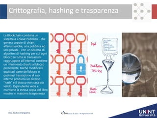 Avv. Giulia Arangüena © 2021 – All Rights Reserved
Crittografia, hashing e trasparenza
La Blockchain combina un
sistema a Chiave Pubblica - che
genera coppie di chiavi
alfanumeriche, una pubblica ed
una privata - con un sistema di
algoritmi di hashing per cui ogni
blocco (e tutte le transazioni
raggruppate all'interno) contiene
un riferimento (hash) al blocco
precedente, talché modificare
qualsiasi parte del blocco o
qualsiasi transazione al suo
interno produrrà un diverso
"hash" e il blocco non sarà più
valido. Ogni utente vede e
mantiene la stessa copia del libro
mastro in massima trasparenza
 
