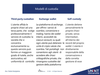 .
Third-party custodian
L’utente affida le
proprie chiavi ad una
terza parte, che svolge
professionalmente il
servizio di custodia: la
società che si
concentra
esclusivamente su
questo servizio può
fornire un maggiore
grado di tutela, anche
assicurativa, ed
uniformità di controllo
Exchange wallet
Le piattaforme di exchange,
per offrire i servizi di
scambio, conversione e
trading, hanno dei wallet
interni, accessibili da
ciascun account, su quali
ogni utente può detenere le
unità di cripto valute che
scambia. Tali portafogli non
consentono agli utenti di
accedere alle chiavi
crittografiche private, che
rimangono custodite dal
gestore della piattaforma
Self-custody
L'utente detiene
personalmente le
proprie chiavi
private, senza
intermediari,
all’interno dei
record del proprio
wallet. L’utente è
direttamente
responsabile della
conservazione e
della corretta
gestione di esse
Modelli di custodia
Avv. Giulia Arangüena © 2021 – All Rights Reserved
 