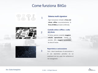 Come funziona BitGo
Sistema multi-signature
1
Ogni transazione richiede la firma del
cliente offline e,successivamente, la
firma di BitGo per essere confermata.
Custodia online o offline a scelta
del cliente
2
La prima opzione consente maggiore
velocità operazionale, mentre la
seconda offre maggiore protezione
da attacchi hacker.
Reportistica e assicurazione
Tutti i clienti beneficiano di assicurazione e
di una reportistica periodica sia sui
rendimenti dei loro asset che sull’attività di
risk management
3
© 2021 – All Rights Reserved
Avv. Giulia Arangüena
 