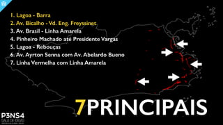 7PRINCIPAIS
1. Lagoa - Barra
2. Av. Bicalho - Vd. Eng. Freyssinet
3. Av. Brasil - Linha Amarela
4. Pinheiro Machado até Presidente Vargas
5. Lagoa - Rebouças
6. Av. Ayrton Senna com Av. Abelardo Bueno
7. Linha Vermelha com Linha Amarela
 