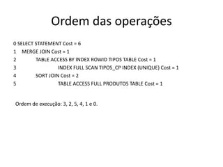Ordem das operações
0 SELECT STATEMENT Cost = 6
1 MERGE JOIN Cost = 1
2 TABLE ACCESS BY INDEX ROWID TIPOS TABLE Cost = 1
3 INDEX FULL SCAN TIPOS_CP INDEX (UNIQUE) Cost = 1
4 SORT JOIN Cost = 2
5 TABLE ACCESS FULL PRODUTOS TABLE Cost = 1
Ordem de execução: 3, 2, 5, 4, 1 e 0.
 