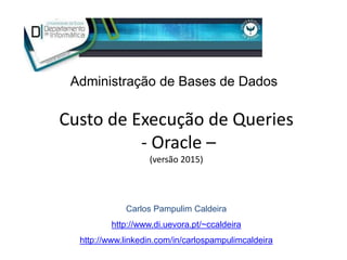 Custo de Execução de Queries
- Oracle –
(versão 2015)
Carlos Pampulim Caldeira
http://www.di.uevora.pt/~ccaldeira
http://www.linkedin.com/in/carlospampulimcaldeira
Administração de Bases de Dados
 