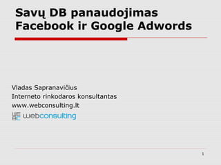 Vladas Sapranavičius
Interneto rinkodaros konsultantas
www.webconsulting.lt
Savų DB panaudojimas
Facebook ir Google Adwords
1
 
