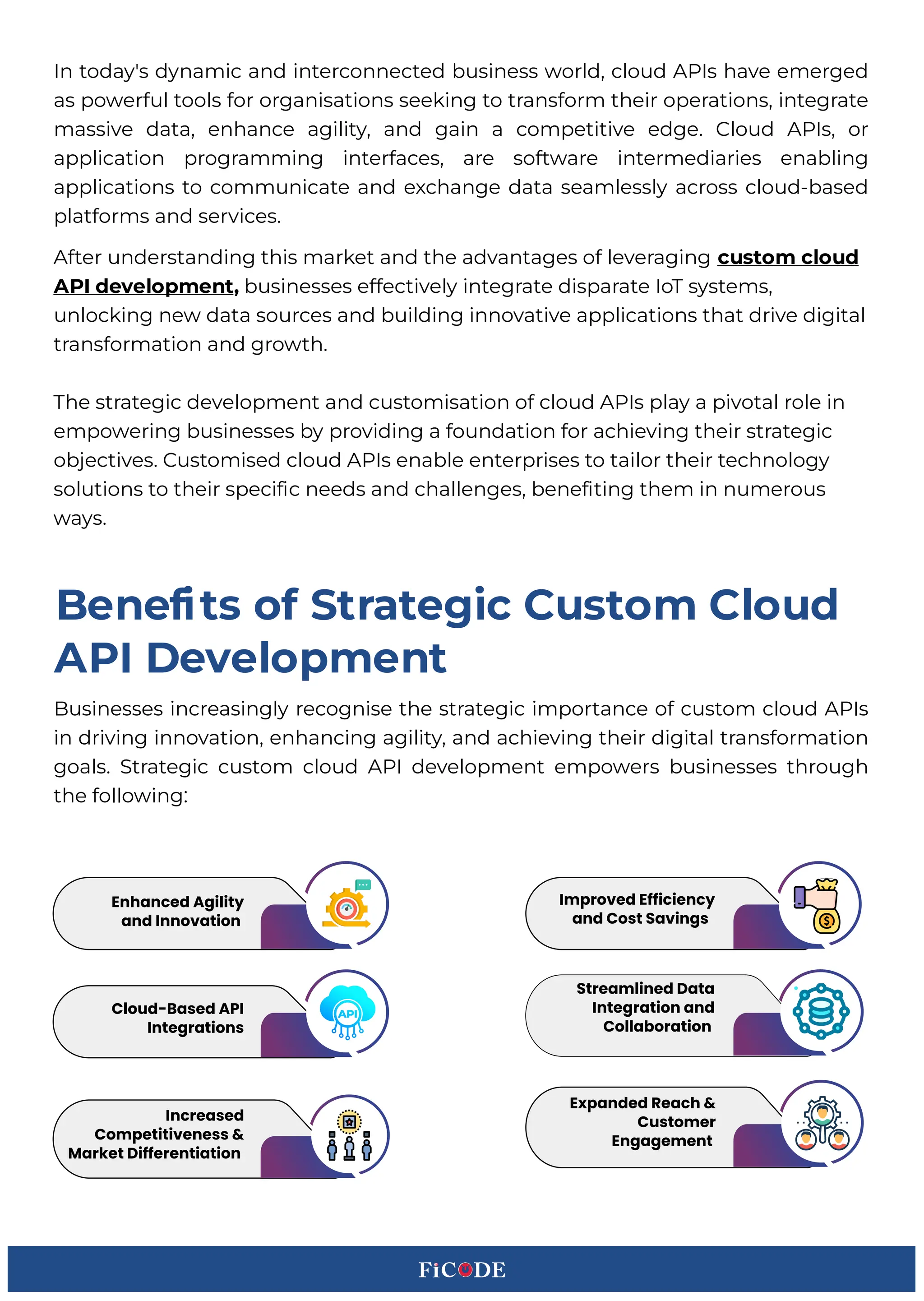In today's dynamic and interconnected business world, cloud APIs have emerged
as powerful tools for organisations seeking to transform their operations, integrate
massive data, enhance agility, and gain a competitive edge. Cloud APIs, or
application programming interfaces, are software intermediaries enabling
applications to communicate and exchange data seamlessly across cloud-based
platforms and services.
After understanding this market and the advantages of leveraging custom cloud
API development, businesses effectively integrate disparate IoT systems,
unlocking new data sources and building innovative applications that drive digital
transformation and growth.
The strategic development and customisation of cloud APIs play a pivotal role in
empowering businesses by providing a foundation for achieving their strategic
objectives. Customised cloud APIs enable enterprises to tailor their technology
solutions to their speci c needs and challenges, bene ting them in numerous
ways.BB
Susinesses increasingly recognise the strategic importance of custom cloud APIs
in driving innovation, enhancing agility, and achieving their digital transformation
goals. :trategic custom cloud API development empowers businesses through
the followingWBB
Benefts oS rtagteiCc Dustom Dloud
API Fevelopment
Enhanced Agility
and Innovation
Improved Efficiency
and Cost Savings
Cloud-Based API
Integrations
Streamlined Data
Integration and
Collaboration
Increased
Competitiveness &
Market Differentiation
Expanded Reach &
Customer
Engagement
 