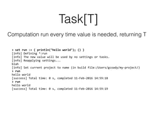 Task[T]
Computation run every time value is needed, returning T
>	
  set	
  run	
  :=	
  {	
  println("hello	
  world");	
  ()	
  }	
  
[info]	
  Defining	
  *:run	
  
[info]	
  The	
  new	
  value	
  will	
  be	
  used	
  by	
  no	
  settings	
  or	
  tasks.	
  
[info]	
  Reapplying	
  settings...	
  
blah	
  
[info]	
  Set	
  current	
  project	
  to	
  name	
  (in	
  build	
  file:/Users/gcoady/my-­‐project/)	
  
>	
  run	
  
hello	
  world	
  
[success]	
  Total	
  time:	
  0	
  s,	
  completed	
  11-­‐Feb-­‐2016	
  14:59:18	
  
>	
  run	
  
hello	
  world	
  
[success]	
  Total	
  time:	
  0	
  s,	
  completed	
  11-­‐Feb-­‐2016	
  14:59:19
 