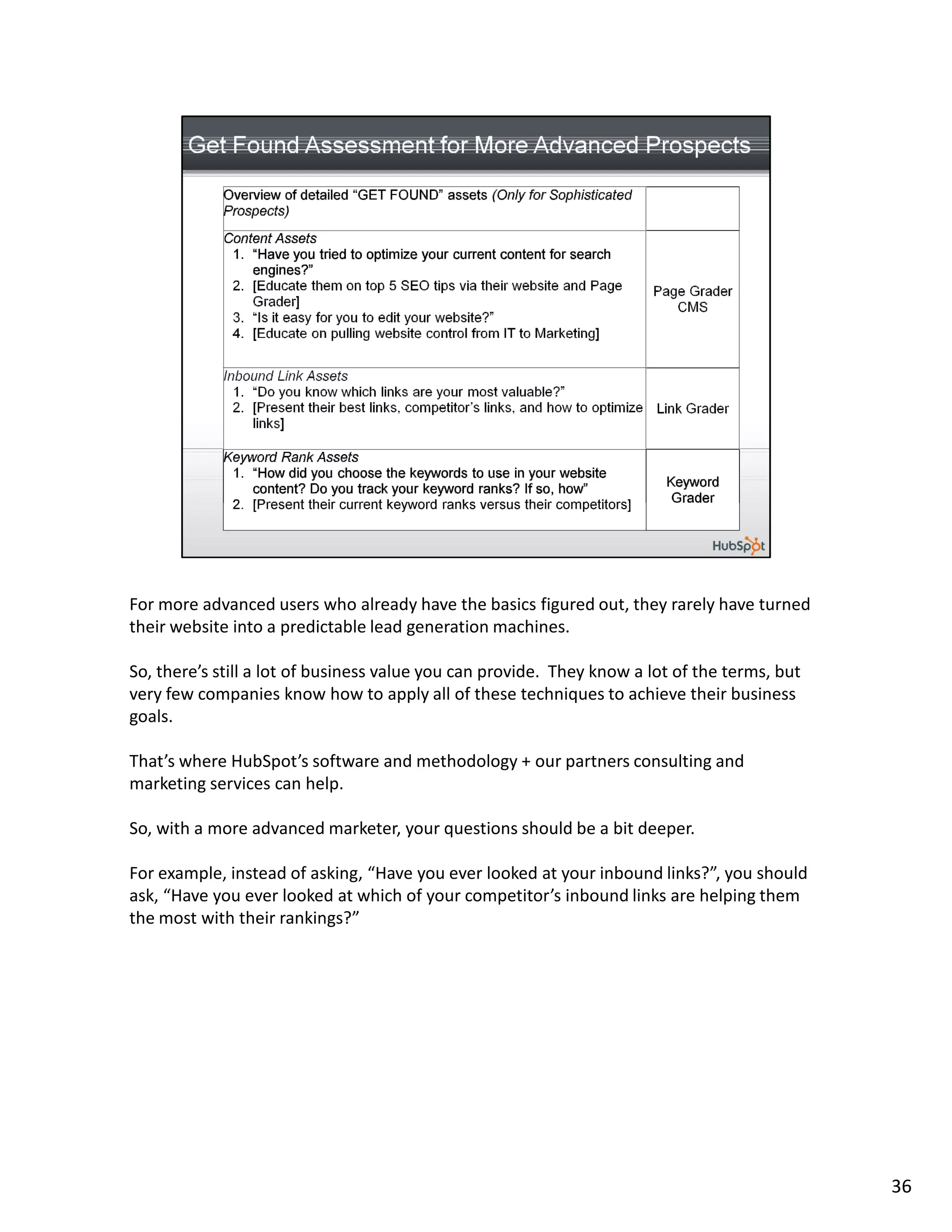 For more advanced users who already have the basics figured out, they rarely have turned
their website into a predictable lead generation machines.

So, there’s still a lot of business value you can provide. They know a lot of the terms, but
very few companies know how to apply all of these techniques to achieve their business
goals.

That’s where HubSpot’s software and methodology + our partners consulting and
marketing services can help.

So, with a more advanced marketer, your questions should be a bit deeper.

For example, instead of asking, “Have you ever looked at your inbound links?”, you should
ask, “Have you ever looked at which of your competitor’s inbound links are helping them
the most with their rankings?”




                                                                                               36
 