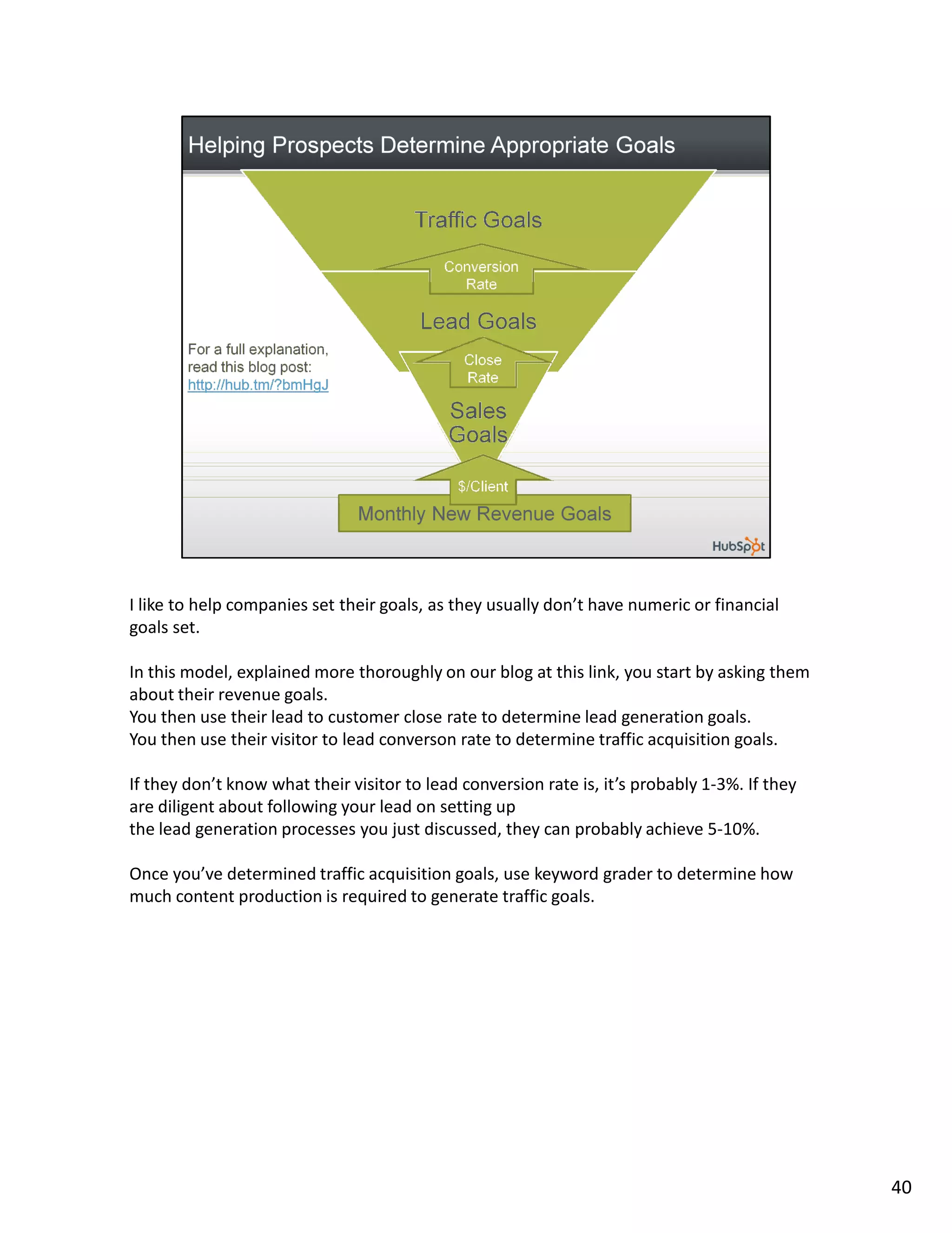 I like to help companies set their goals, as they usually don’t have numeric or financial
goals set.

In this model, explained more thoroughly on our blog at this link, you start by asking them
about their revenue goals.
You then use their lead to customer close rate to determine lead generation goals.
You then use their visitor to lead converson rate to determine traffic acquisition goals.

If they don’t know what their visitor to lead conversion rate is, it’s probably 1-3%. If they
are diligent about following your lead on setting up
the lead generation processes you just discussed, they can probably achieve 5-10%.

Once you’ve determined traffic acquisition goals, use keyword grader to determine how
much content production is required to generate traffic goals.




                                                                                                40
 