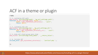 ACF in a theme or plugin
<?php
// 1. customize ACF path
add_filter('acf/settings/path', 'my_acf_settings_path’);
function my_acf_settings_path( $path ) {
$path = get_stylesheet_directory() . '/acf/’;
return $path;
}
// 2. customize ACF dir
add_filter('acf/settings/dir', 'my_acf_settings_dir’);
function my_acf_settings_dir( $dir ) {
$dir = get_stylesheet_directory_uri() . '/acf/’;
return $dir; }
// 3. Hide ACF field group menu item
add_filter('acf/settings/show_admin', '__return_false’);
// 4. Include ACF
include_once( get_stylesheet_directory() . '/acf/acf.php' );
?>
https://www.advancedcustomfields.com/resources/including-acf-in-a-plugin-theme/
 