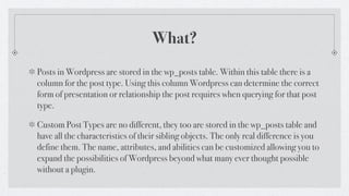 What?
Posts in Wordpress are stored in the wp_posts table. Within this table there is a
column for the post type. Using th...