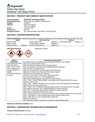 Safety Data Sheet		
DryWired®
LNT Glass Primer
DryWired
®
LNT Glass Primer – Safety Data Sheet – www.drywired.com 1 of 6
SECTION 1: PRODUCT AND COMPANY IDENTIFICATION
Product Identifier: DryWired
®
LNT Glass Primer
Recommended Use: Glass primer for DryWired Liquid NanoTint
Supplier: DryWired
®
Address: 5524 Alcoa Avenue
Vernon, CA 90058
Phone: 1-323-581-8181
Revised On: 09/01/16
Emergency Phone: US: 1-800-535-5053, International: 1-352-323-3500
SECTION 2: HAZARDS IDENTIFICATION
Hazard classification: Classified as hazardous according to OSHA Hazard Communication Standard, 29 CFR 1910.1200.
Health Environmental	 Physical	
Specific Target
Organ Toxicity,
Single Exposure Category 1	
Acute toxicity, Oral
Acute toxicity, Inhalation
Acute Toxicity, Dermal	
Category 3
Category 3
Category 3
Flammable liquids	 Category 2	
GHS Label elements: Signal word: Danger
	 	
Hazard
Statements
H225 Highly flammable
liquid and vapour.
H301 + H311 + H331
Toxic if swallowed, in
contact with skin or if
inhaled.
H370 Causes damage
to organs.
Precautionary Statements
P210 Keep away from heat/sparks/open flames/hot surfaces. - No smoking.
P233 Keep container tightly closed.
P240 Ground/bond container and receiving equipment.
P241 Use explosion-proof electrical/ ventilating/ lighting/ equipment.
P242 Use only non-sparking tools.
P243 Take precautionary measures against static discharge.
P260 Do not breathe dust/ fume/ gas/ mist/ vapours/ spray.
P264 Wash skin thoroughly after handling.
P270 Do not eat, drink or smoke when using this product.
P271 Use only outdoors or in a well-ventilated area.
P280 Wear protective gloves/ eye protection/ face protection.
P301 + P310 + P330 IF SWALLOWED: Immediately call a POISON CENTER or doctor/
physician. Rinse mouth.
P303 + P361 + P353 IF ON SKIN (or hair): Remove/ Take off immediately all contaminated
clothing. Rinse skin with water/ shower.
P304 + P340 + P311 IF INHALED: Remove victim to fresh air and keep at rest in a position
comfortable for breathing. Call a POISON CENTER or doctor/ physician.
P307 + P311 IF exposed: Call a POISON CENTER or doctor/ physician.
P363 Wash contaminated clothing before reuse.
P370 + P378 In case of fire: Use dry sand, dry chemical or alcohol-resistant foam for extinction.
P403 + P233 Store in a well-ventilated place. Keep container tightly closed.
P403 + P235 Store in a well-ventilated place. Keep cool.
P405 Store locked up.
P501 Dispose of contents/ container to an approved waste disposal plant.
Hazards not otherwise classified: None.
SECTION 3: COMPOSITION/ INFORMATION ON INGREDIENTS
Chemical Characterization: Mixtures
 