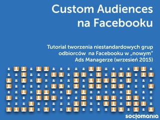 Custom Audiences  
na Facebooku
Tutorial tworzenia niestandardowych grup
odbiorców na Facebooku w „nowym”  
Ads Managerze (wrzesień 2015)
 