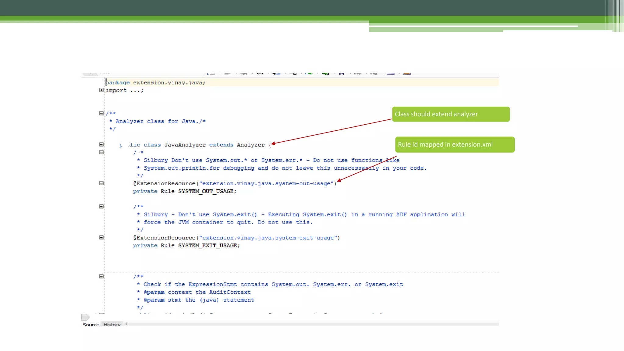 .
Rule Id mapped in extension.xml
•.
Class should extend analyzer
 