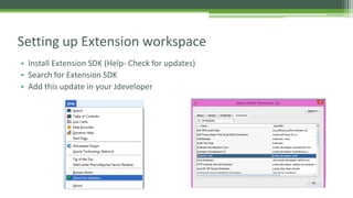 • Install Extension SDK (Help- Check for updates)
• Search for Extension SDK
• Add this update in your Jdeveloper
Setting up Extension workspace
 