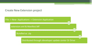 Create New Extension project
File -> New- Applications -> Extension Application
extension.xml & Manifest.MF
Bundled as .zip
Distributed through Jdeveloper update center Or Drive
 