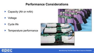 Manufacturing That Eliminates Risk & Improves Reliability
6
Performance Considerations
 Capacity (Ah or mAh)
 Voltage
 Cycle life
 Temperature performance
 