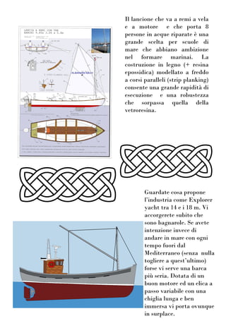 Il lancione che va a remi a vela
e a motore e che porta 8
persone in acque riparate è una
grande scelta per scuole di
mare che abbiano ambizione
nel formare marinai. La
costruzione in legno (+ resina
epossidica) modellato a freddo
a corsi paralleli (strip planking)
consente una grande rapidità di
esecuzione e una robustezza
che sorpassa quella della
vetroresina.
Guardate cosa propone
l’industria come Explorer
yacht tra 14 e i 18 m. Vi
accorgerete subito che
sono bagnarole. Se avete
intenzione invece di
andare in mare con ogni
tempo fuori dal
Mediterraneo (senza nulla
togliere a quest’ultimo)
forse vi serve una barca
più seria. Dotata di un
buon motore ed un elica a
passo variabile con una
chiglia lunga e ben
immersa vi porta ovunque
in surplace.
 