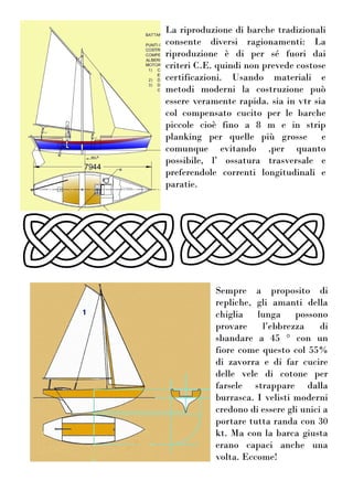 La riproduzione di barche tradizionali
consente diversi ragionamenti: La
riproduzione è di per sé fuori dai
criteri C.E. quindi non prevede costose
certificazioni. Usando materiali e
metodi moderni la costruzione può
essere veramente rapida. sia in vtr sia
col compensato cucito per le barche
piccole cioè fino a 8 m e in strip
planking per quelle più grosse e
comunque evitando ,per quanto
possibile, l’ ossatura trasversale e
preferendole correnti longitudinali e
paratie.
Sempre a proposito di
repliche, gli amanti della
chiglia lunga possono
provare l’ebbrezza di
sbandare a 45 ° con un
fiore come questo col 55%
di zavorra e di far cucire
delle vele di cotone per
farsele strappare dalla
burrasca. I velisti moderni
credono di essere gli unici a
portare tutta randa con 30
kt. Ma con la barca giusta
erano capaci anche una
volta. Eccome!
 