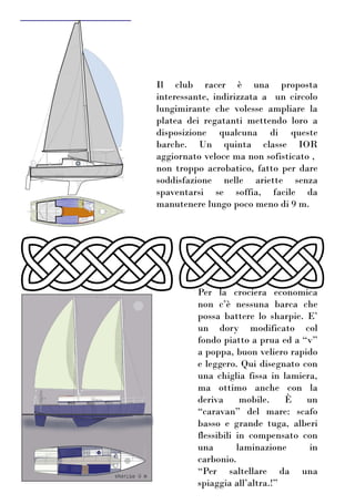 Il club racer è una proposta
interessante, indirizzata a un circolo
lungimirante che volesse ampliare la
platea dei regatanti mettendo loro a
disposizione qualcuna di queste
barche. Un quinta classe IOR
aggiornato veloce ma non sofisticato ,
non troppo acrobatico, fatto per dare
soddisfazione nelle ariette senza
spaventarsi se soffia, facile da
manutenere lungo poco meno di 9 m.
Per la crociera economica
non c’è nessuna barca che
possa battere lo sharpie. E’
un dory modificato col
fondo piatto a prua ed a “v”
a poppa, buon veliero rapido
e leggero. Qui disegnato con
una chiglia fissa in lamiera,
ma ottimo anche con la
deriva mobile. È un
“caravan” del mare: scafo
basso e grande tuga, alberi
flessibili in compensato con
una laminazione in
carbonio.
“Per saltellare da una
spiaggia all’altra.!”
 