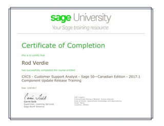Certificate of Completion
this is to certify that
Rod Verdie
has successfully completed the course entitled
CXCS - Customer Support Analyst - Sage 50—Canadian Edition - 2017.1
Component Update Release Training
Date: 3/20/2017
 
Carrie Geib
Supervisor, Learning Services
Sage North America
CPE Credits: 
Instructional Delivery Method: Group Internet
Area of Study: Specialized Knowledge and Applications 
Level: Basic
Location: Webex
 
 