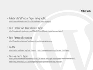 Sources
• Kristarella’s Posts v Pages Infographic
http://www.kristarella.com/2013/09/wordpress-posts-vs-pages/

• Post Formats vs. Custom Post Types
http://markjaquith.wordpress.com/2010/11/12/post-formats-vs-custom-post-types/

• Post Formats Reference
http://lisasabin-wilson.com/wordpress-3-1-post-formats-reference/

• Codex

http://codex.wordpress.org/Post_Formats - http://codex.wordpress.org/Custom_Post_Types

• Custom Posts Types

http://justintadlock.com/archives/2010/04/29/custom-post-types-in-wordpress (awesome reference)
http://blog.matthill.co/2013/custom-post-types-wordpress-themes-best-practice/

 