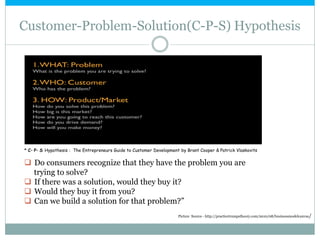 Customer-Problem-Solution(C-P-S) Hypothesis
 Do consumers recognize that they have the problem you are
trying to solve?
 If there was a solution, would they buy it?
 Would they buy it from you?
 Can we build a solution for that problem?”
* C– P– S Hypothesis : The Entrepreneurs Guide to Customer Development by Brant Cooper & Patrick Vlaskovits
Picture Source - http://practicetrumpstheory.com/2010/08/businessmodelcanvas/
 