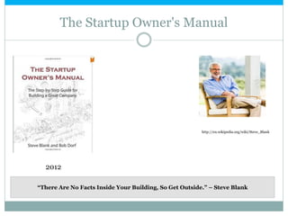 The Startup Owner's Manual
2012
“There Are No Facts Inside Your Building, So Get Outside.” – Steve Blank
http://en.wikipedia.org/wiki/Steve_Blank
 
