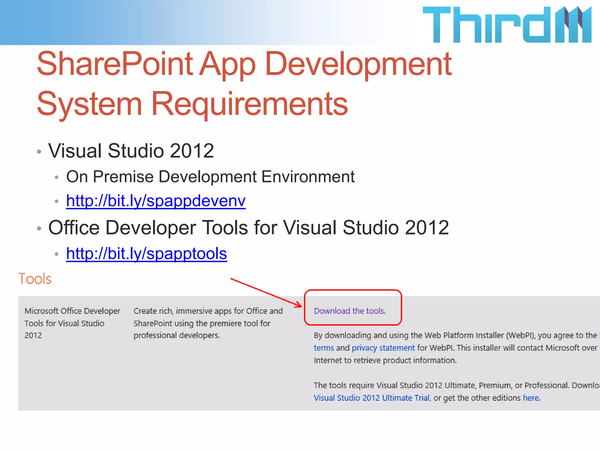 What is a Provider Hosted App
• SharePoint 2013 Compatible Application
• Hosted outside of SharePoint
• Azure
• Amazon Web Services (AWS)
• Rackspace
• Your Datacenter
• An on-premise server in your customer’s Datacenter (you provide
the Application, Hardware, and/or VM)
• Written in any language on any platform
• Java, F#, Ruby, Linux, Unix

 