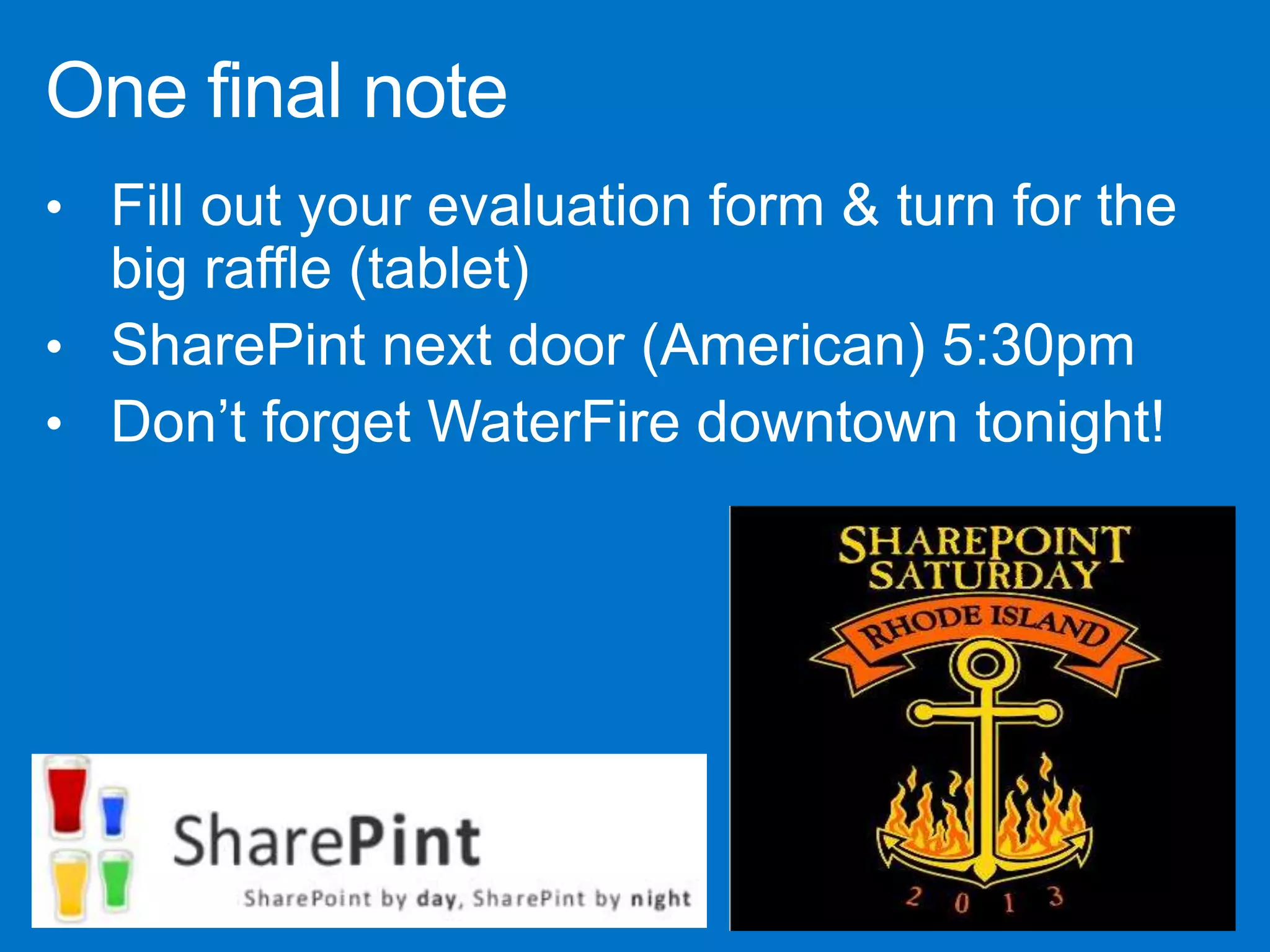 Custom SharePoint Development in
SharePoint – What are My Options Now?
Presented by Talbott Crowell
@talbott

Thank You
Questions?

 