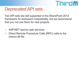 REST/OData endpoints
• For non-JavaScript clients
• C#, Java, etc…
• CRUD Operations on SharePoint lists
• Target the client.svc web service
• Accepts a RESTful HTTP Request
• Responds with either Atom or JSON
• Example:
• http://server/site/_api/web/lists(‘guid’)/items?$filter=City eq
‘Nashua’

 