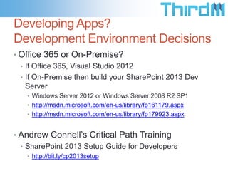 Provider Hosted Apps
Office 365 Data Center
or On-Premise SharePoint 2013 Farm

Application Runtime and Backend
(Can be anywhere: On-Premise or Cloud)

Provider
Hosted
app

SharePoint
2013

Provider
Service

Provider Data

Customer

Provider

 