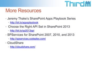 Session Review
• Many choices in customization
• OOTB, SharePoint Designer, C#, jQuery, Sandbox Solutions, Full
Trust Farm Solutions, Apps for SharePoint
• Factors on Choosing
• Requirements, Maintainability, Upgradability, Development Team
Skillset, Budget, etc…

• Where to Go to Learn more…

 