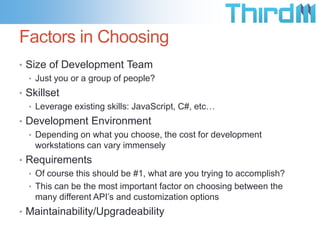 Factors in Choosing
• Size of Development Team
• Just you or a group of people?
• Skillset
• Leverage existing skills: JavaScript, C#, etc…
• Development Environment
• Depending on what you choose, the cost for development
workstations can vary immensely
• Requirements
• Of course this should be #1, what are you trying to accomplish?
• This can be the most important factor on choosing between the
many different API’s and customization options
• Maintainability/Upgradeability

 
