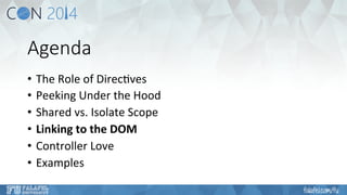 Agenda 
• The 
Role 
of 
Direc6ves 
• Peeking 
Under 
the 
Hood 
• Shared 
vs. 
Isolate 
Scope 
• Linking 
to 
the 
DOM 
• Controller 
Love 
• Examples 
 