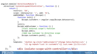 angular.module('directivesModule') 
.directive('isolateScopeWithController', 
function 
() 
{ 
return 
{ 
restrict: 
'EA', 
scope: 
{datasource: 
'=', 
add: 
'&'}, 
controller: 
function 
($scope) 
{ 
function 
init() 
{ 
$scope.customers 
= 
angular.copy($scope.datasource); 
} 
init(); 
$scope.addCustomer 
= 
function 
() 
{ 
//Call 
external 
scope's 
function 
$scope.add(); 
//Add 
new 
customer 
to 
directive 
scope 
$scope.customers.push({ 
… 
}); 
}; 
}, 
template: 
'<button 
ng-­‐click="addCustomer()">Change 
Data</button><ul>' 
+ 
'<li 
ng-­‐repeat="cust 
in 
customers">{{ 
cust.name 
}}</li></ul>' 
}; 
}); 
<div 
isolate-­‐scope-­‐with-­‐controller></div> 
 