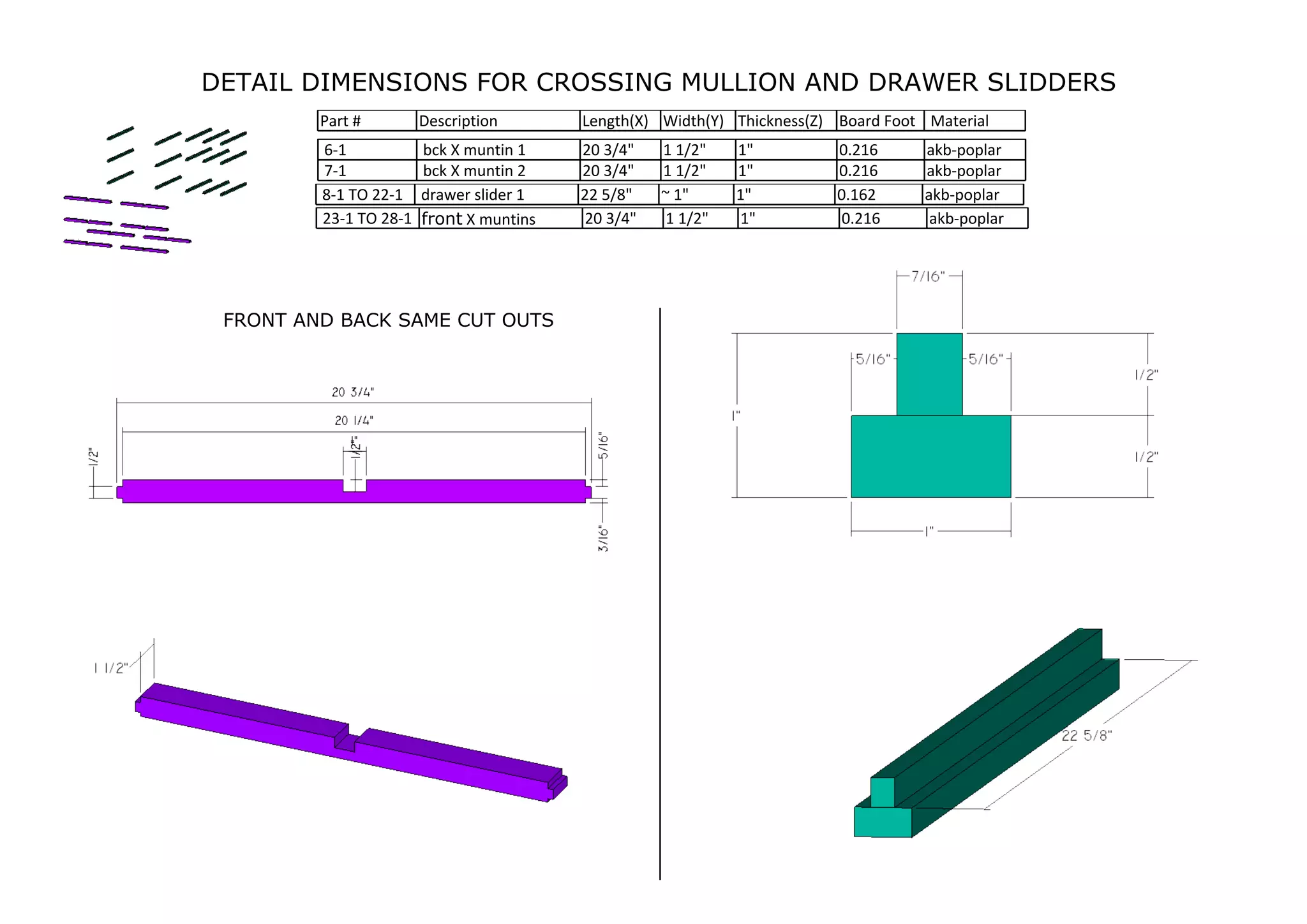 DETAIL DIMENSIONS FOR CROSSING MULLION AND DRAWER SLIDDERS
Part # Description Length(X) Width(Y) Thickness(Z) Board Foot Material
6-1 bck X muntin 1 20 3/4" 1 1/2" 1" 0.216 akb-poplar
7-1 bck X muntin 2 20 3/4" 1 1/2" 1" 0.216 akb-poplar
8-1 TO 22-1 drawer slider 1 22 5/8" ~ 1" 1" 0.162 akb-poplar
23-1 TO 28-1 front X muntins 20 3/4" 1 1/2" 1" 0.216 akb-poplar
FRONT AND BACK SAME CUT OUTS
 