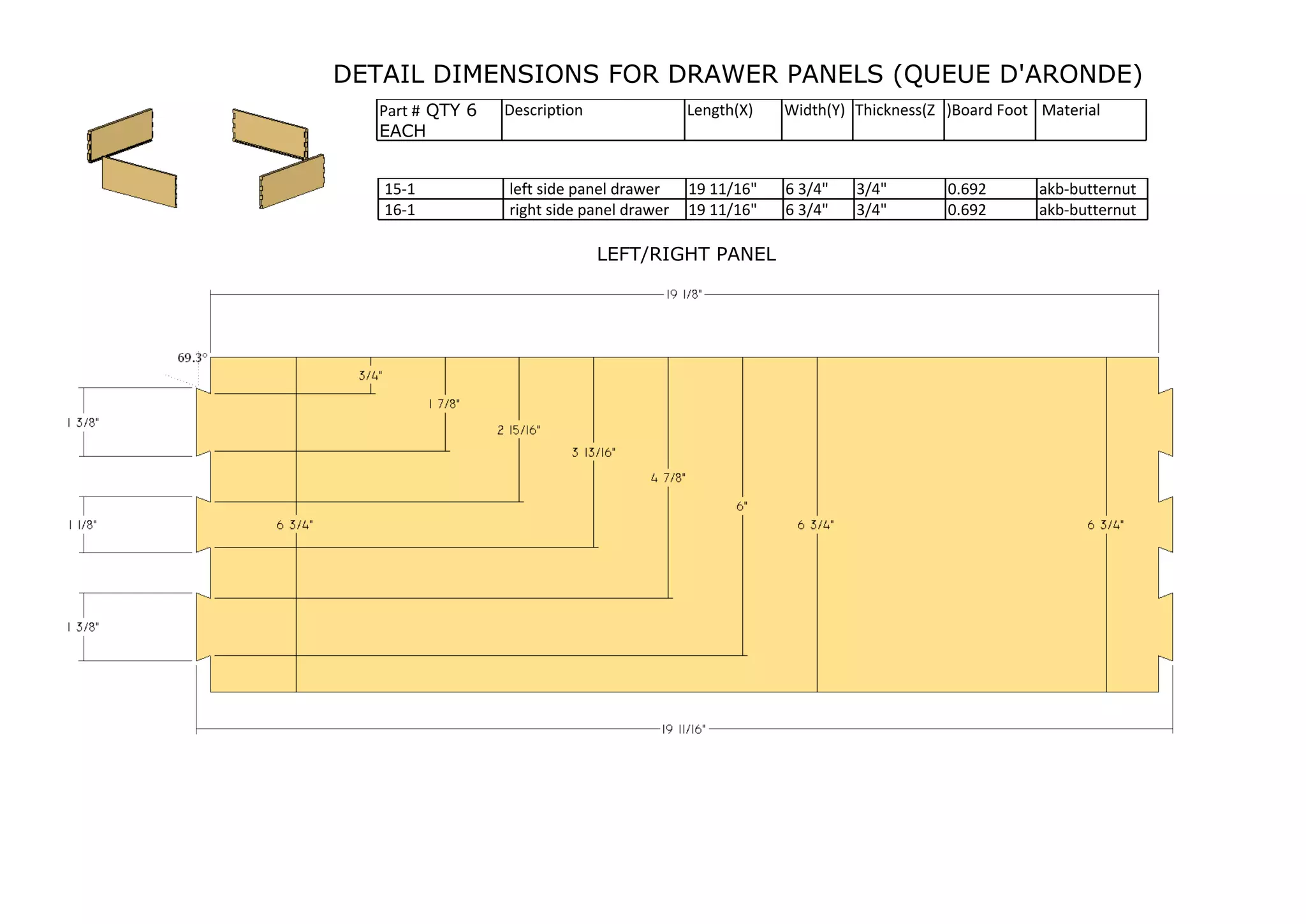 DETAIL DIMENSIONS FOR DRAWER PANELS (QUEUE D'ARONDE)
15-1 left side panel drawer 19 11/16" 6 3/4" 3/4" 0.692 akb-butternut
16-1 right side panel drawer 19 11/16" 6 3/4" 3/4" 0.692 akb-butternut
LEFT/RIGHT PANEL
Part # QTY 6
EACH
Description Length(X) Width(Y) Thickness(Z )Board Foot Material
 