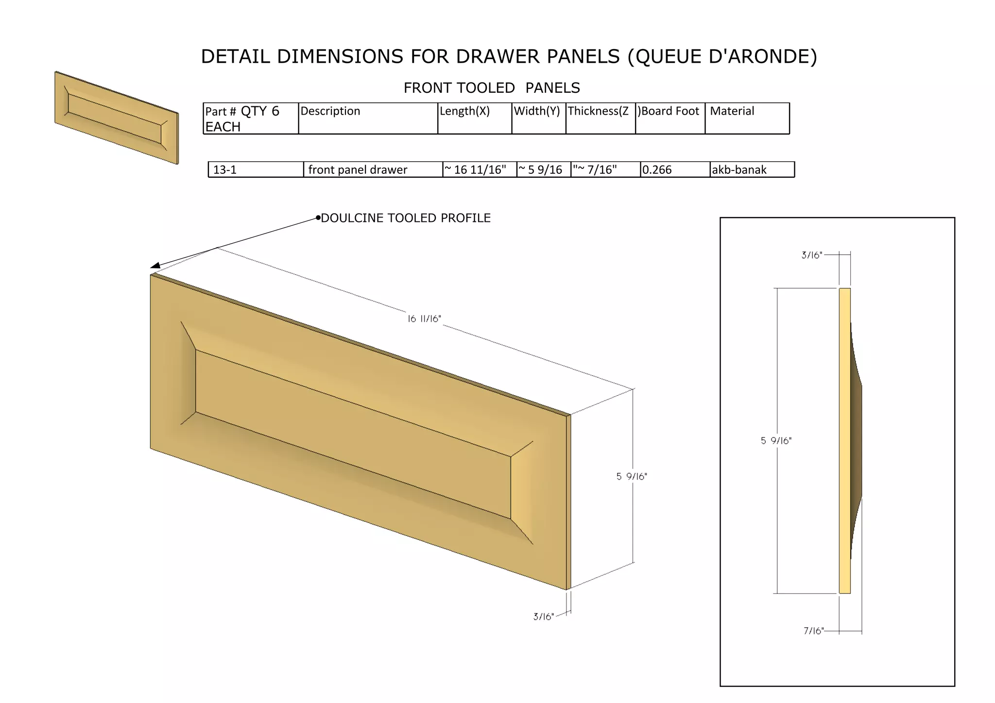 DETAIL DIMENSIONS FOR DRAWER PANELS (QUEUE D'ARONDE)
FRONT TOOLED PANELS
13-1 front panel drawer ~ 16 11/16" ~ 5 9/16 "~ 7/16" 0.266 akb-banak
Part # QTY 6
EACH
Description Length(X) Width(Y) Thickness(Z )Board Foot Material
DOULCINE TOOLED PROFILE
 