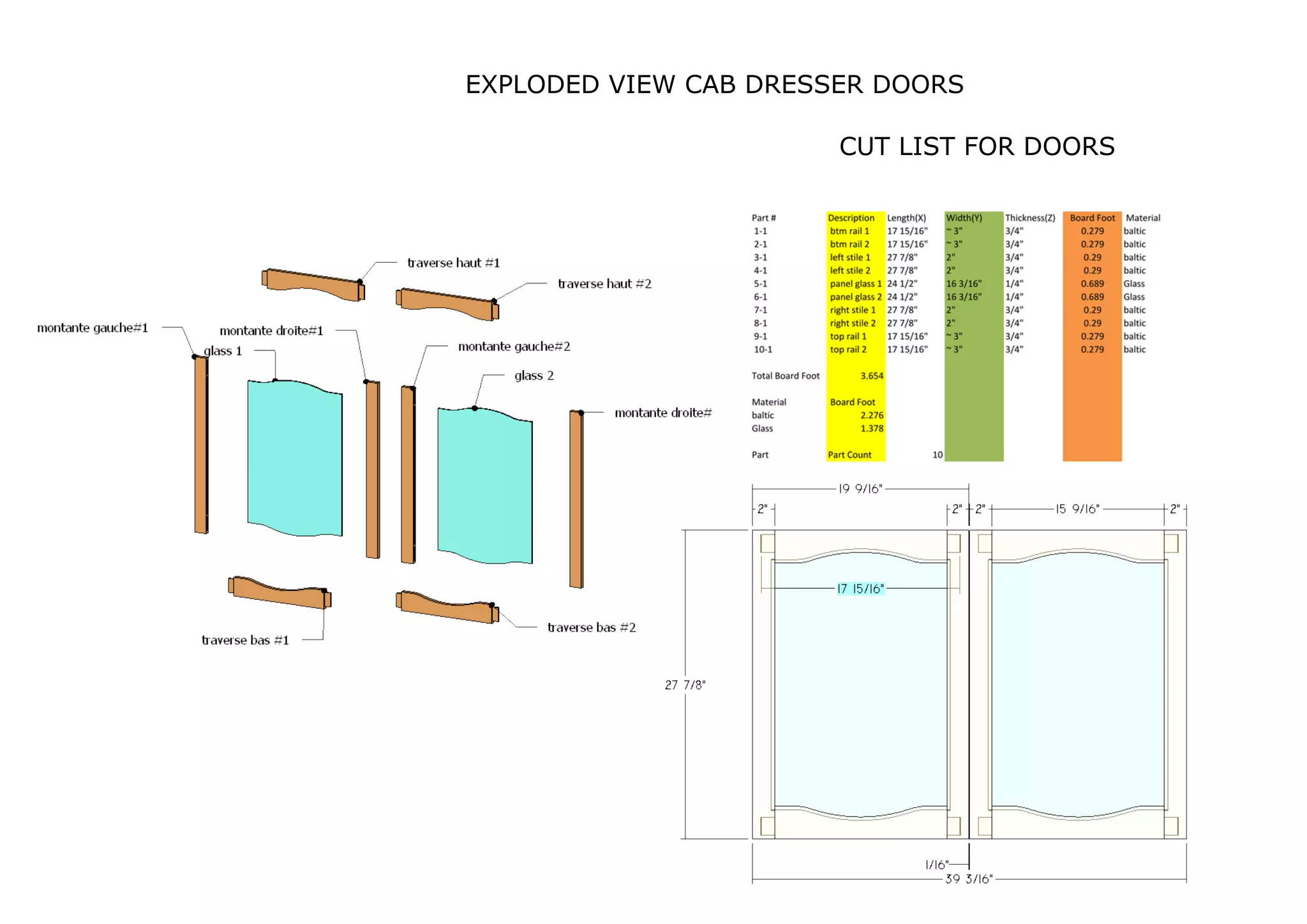 EXPLODED VIEW CAB DRESSER DOORS
CUT LIST FOR DOORS
 
