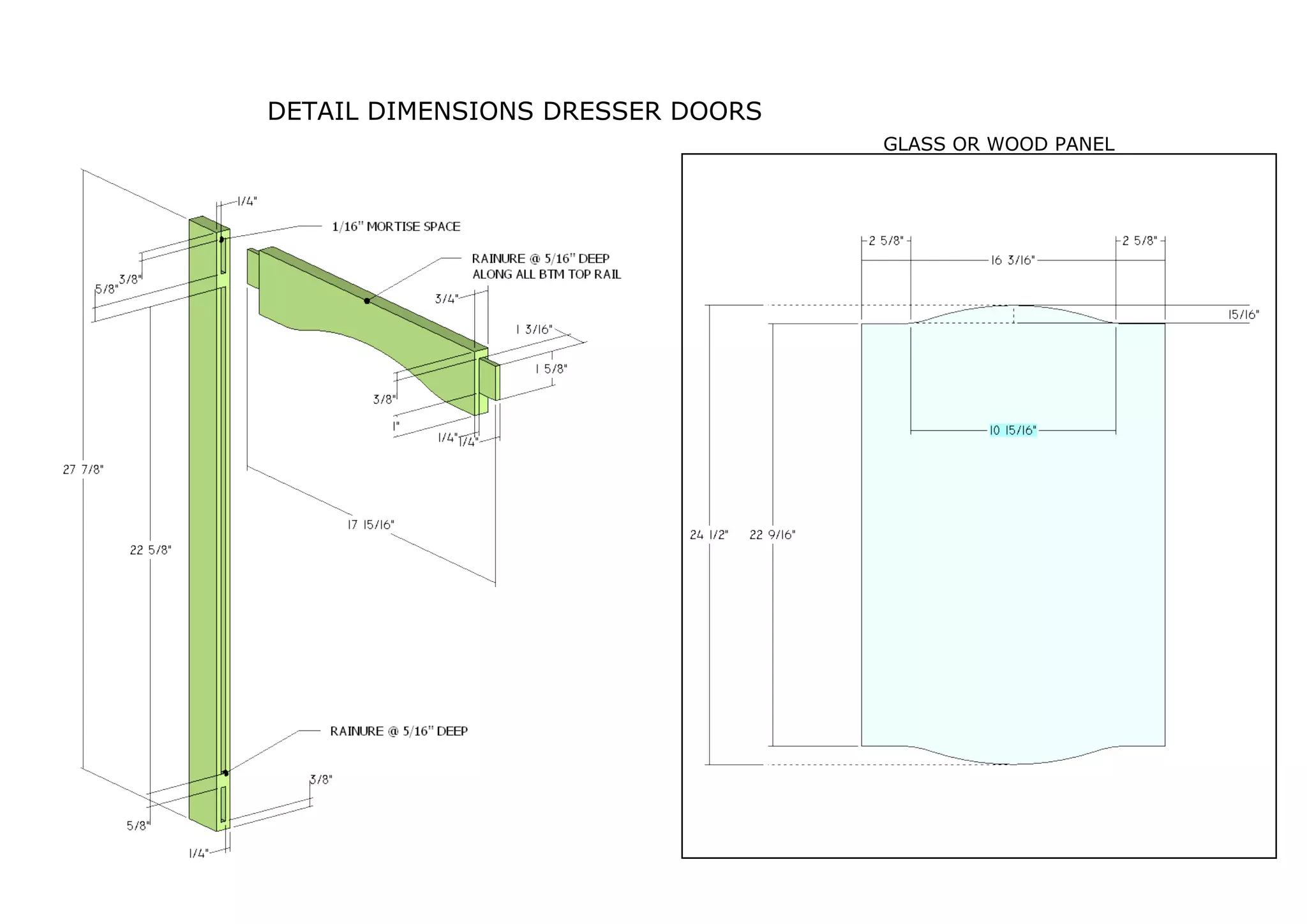 DETAIL DIMENSIONS DRESSER DOORS
GLASS OR WOOD PANEL
 