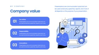 Company value
01
02
03
M Y C O M P A N Y Presentations are communication tools that can
be used as lectures, speeches, reports, and more. It
all depends on the purpose of your presentation.
Our ethics
Responsibility
Innovations
Presentations are communication tools that can
be used as lectures, speeches, reports, and more.
Presentations are communication tools that can
be used as lectures, speeches, reports, and more.
Presentations are communication tools that can
be used as lectures, speeches, reports, and more.
 