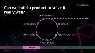 VALIDATEDEFINEDISCOVER DELIVER
UNDERSTANDING
SOLUTIONS
ASSUMPTIONS
PRIORITISATION
HYPOTHESES
EXPERIMENTS
Can we build a product to solve it
really well?
© 2020 ThoughtWorks
 