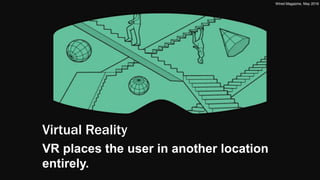 Virtual Reality
VR places the user in another location
entirely.
Wired Magazine, May 2016
 