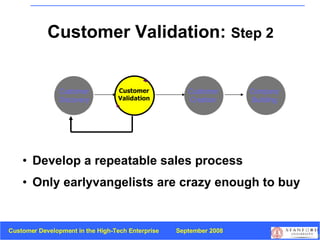 Customer Validation:  Step 2 Customer Discovery Customer Validation Customer Creation Company Building Develop a repeatable sales process Only earlyvangelists are crazy enough to buy 